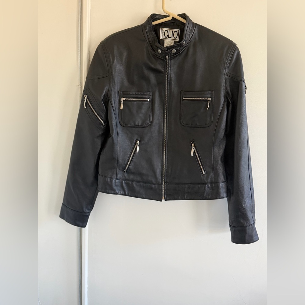 Clio vintage black leather biker jacket 100% leather size 10